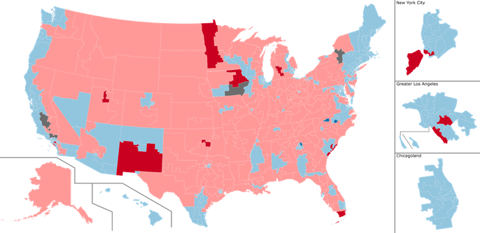 Color coded map of 2020 House of Representatives race resultss